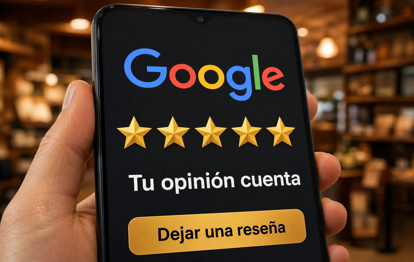 Móvil en la mano mostrando la pantalla de la aplicación con el logo de Google, cinco estrellas y el botón Dejar una reseña